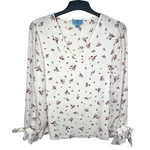 CeCe Breezy Sprigs Ecru Floral Print Long Sleeve V-Neck Tie-Cuff Blouse Large